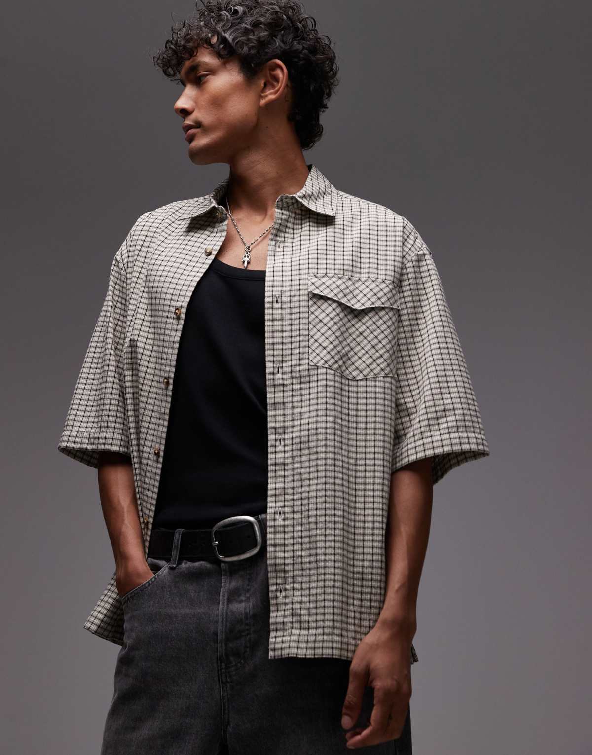 Topman short sleeve seersucker check shirt in stone