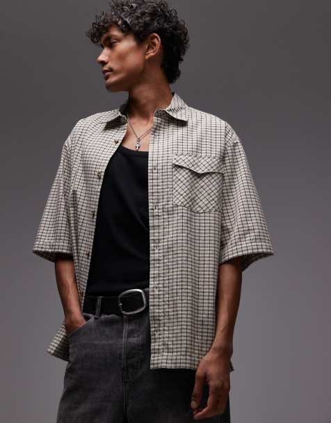 Topman short sleeve seersucker plaid shirt in stone - view 1