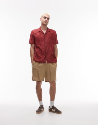 Topman Short Sleeve Sheer Embroidered Floral Shirt In Red