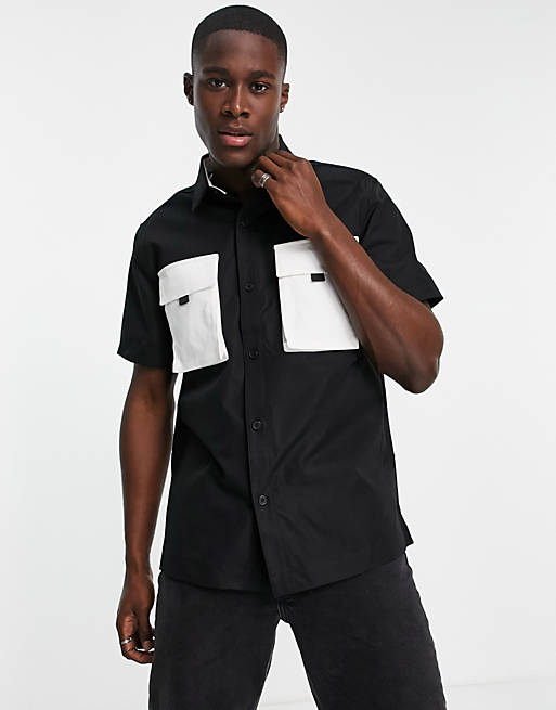  Topman short sleeve shirt in black with contrast pockets 