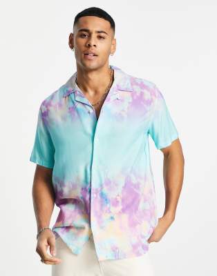 Topman short sleeve shirt with horizontal tie dye print in blue