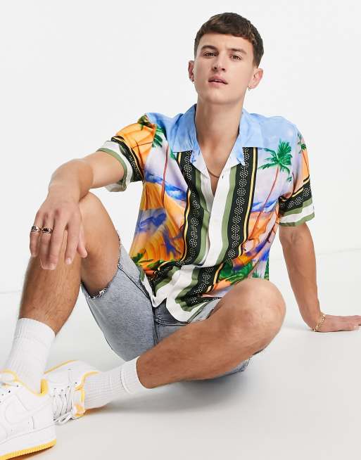 Topman short sleeve shirt with palms placement print in multi 