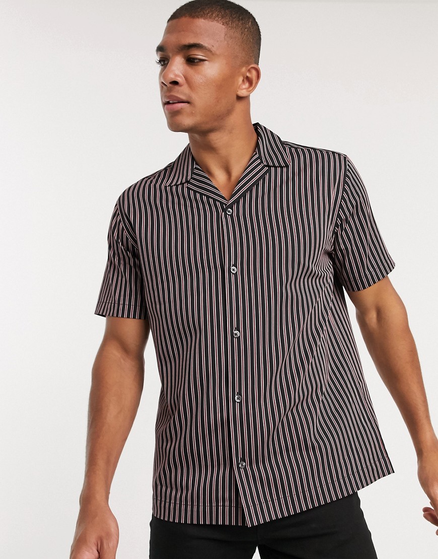 Topman short sleeve shirt with revere collar in black & red stripe
