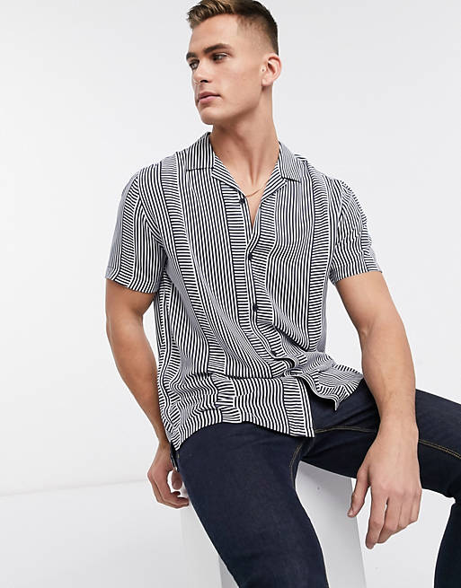 Topman short sleeve shirt with revere collar in navy & white stripe | ASOS