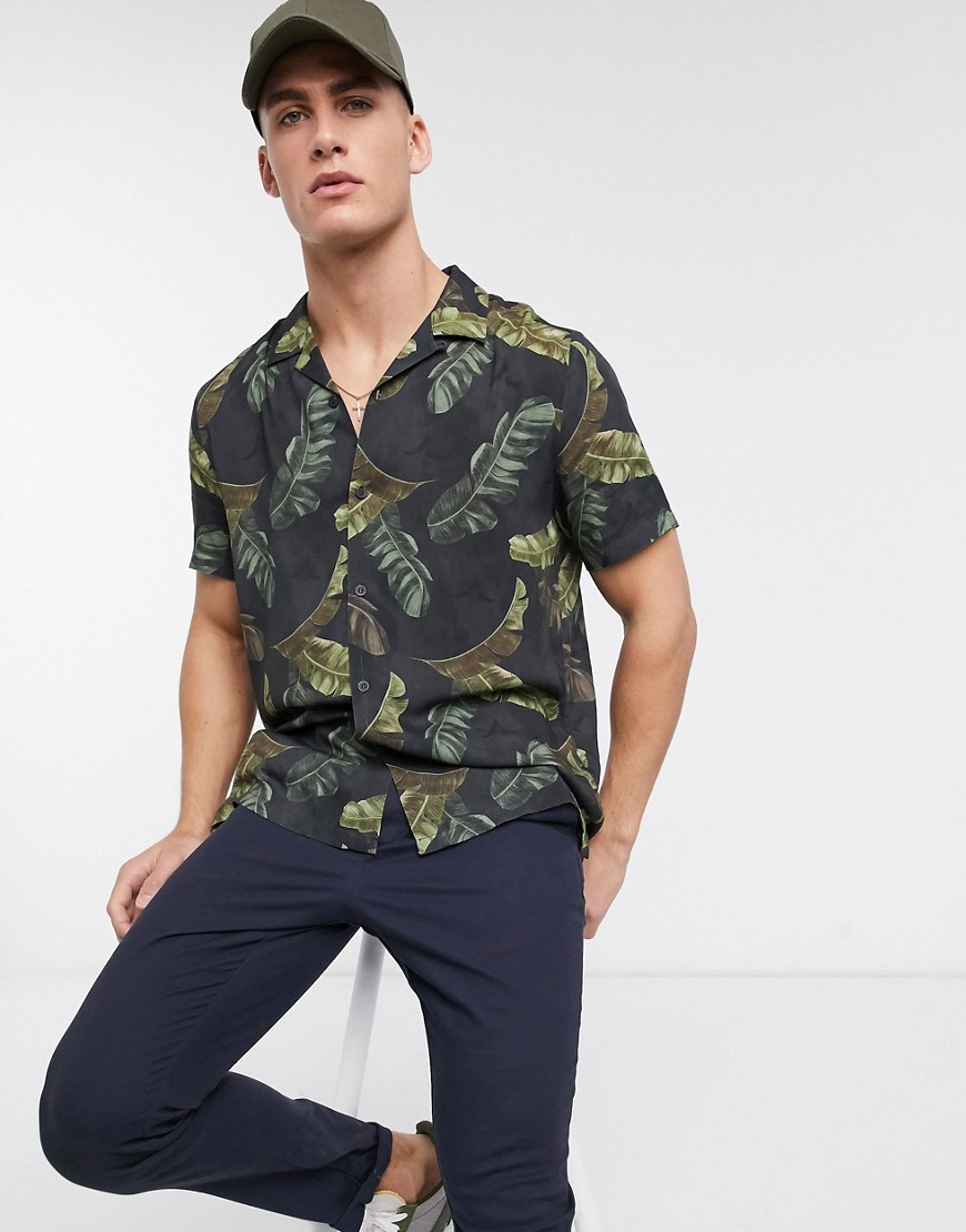 Topman short sleeve shirt with revere collar & palm print in black