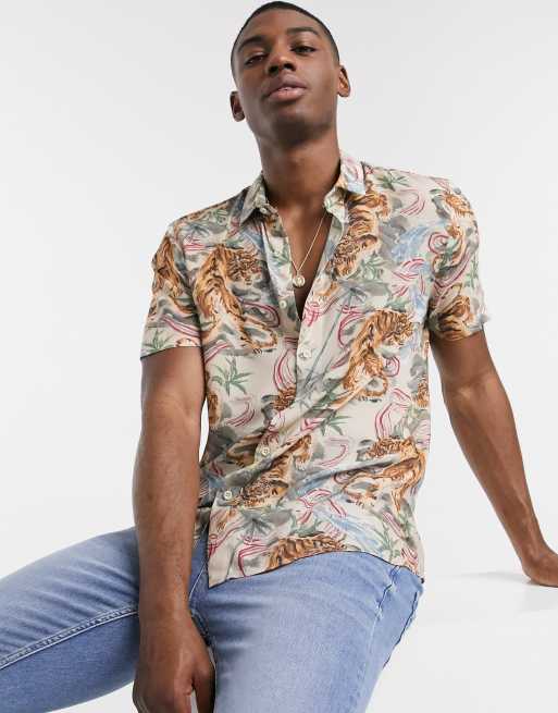 TOPMAN Slim Fit Contrast Cuff Short Sleeve Button-up Shirt in Blue