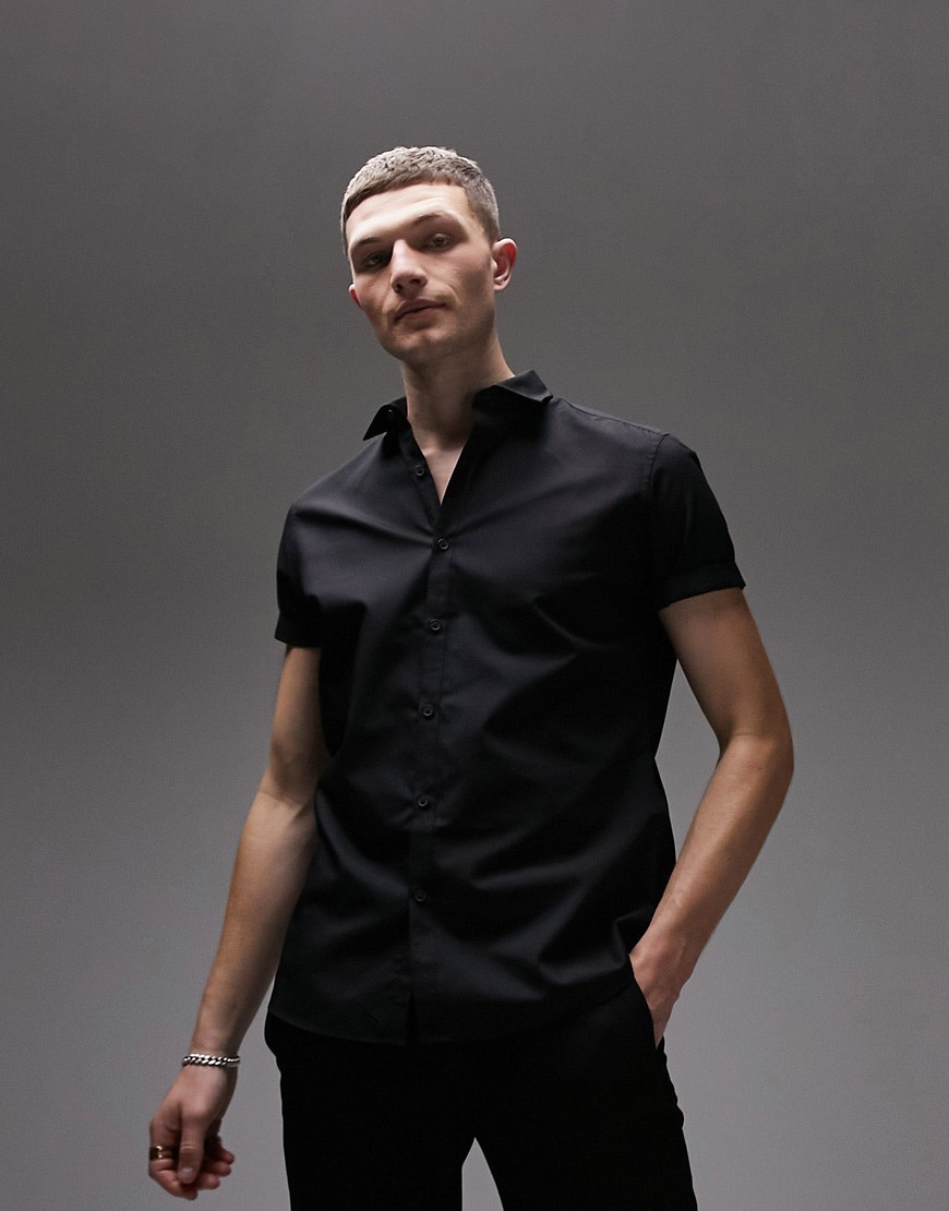 Topman short sleeve slim fit formal shirt in black