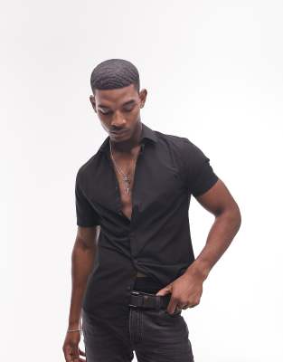 TOPMAN SHORT SLEEVE SLIM SMART SHIRT IN BLACK