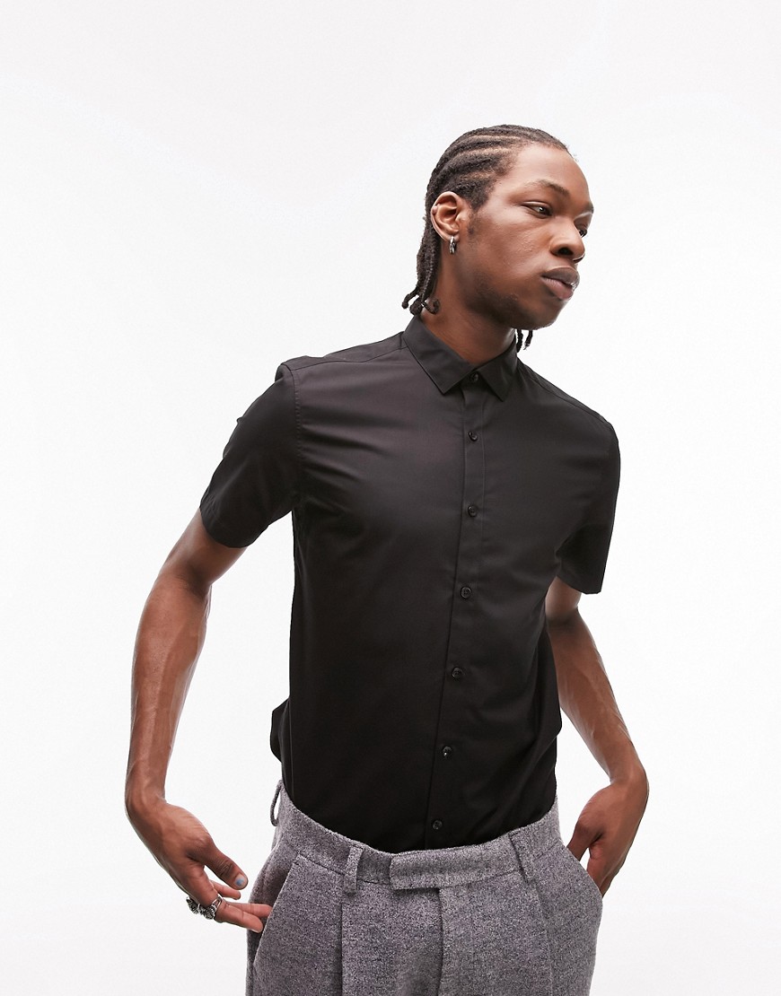 Topman Short Sleeve Slim Smart Shirt In Black