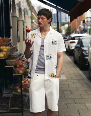 Topman Short Sleeve Square Embroidered Shirt In Ecru-white