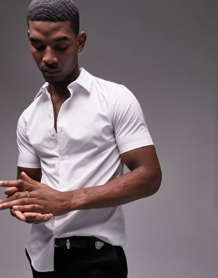 Topman short sleeve stretch skinny smart shirt in white