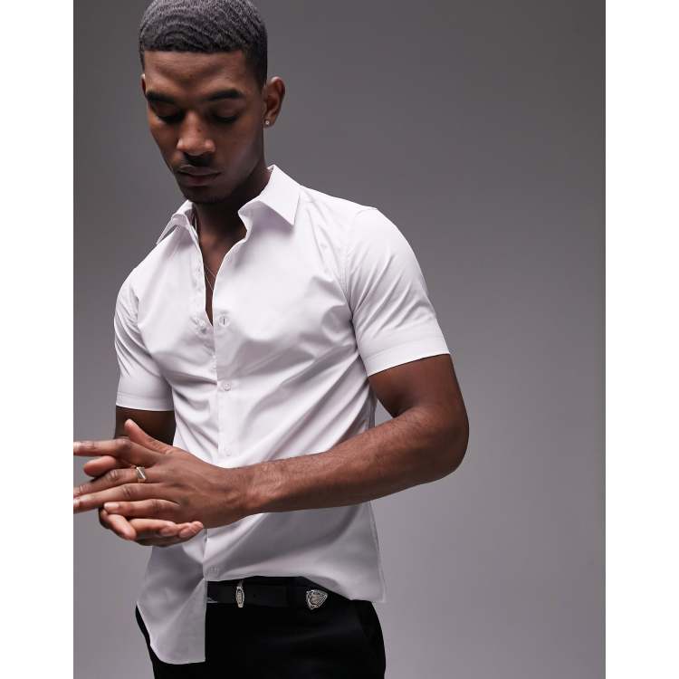 Topman short sleeve stretch skinny smart shirt in white | ASOS