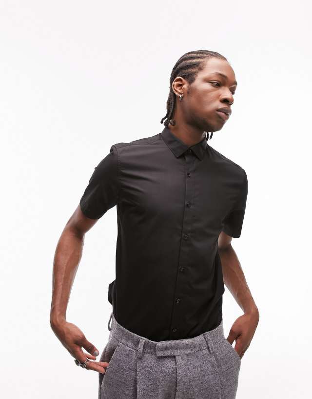 Topman - short sleeve stretch smart shirt in black