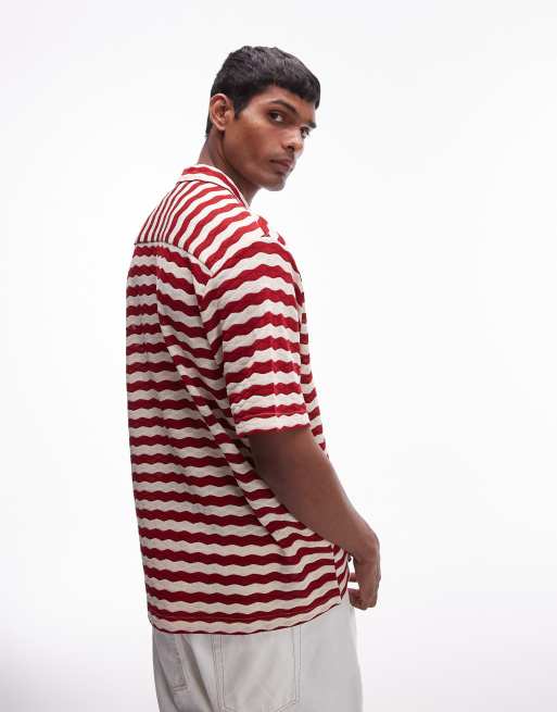 Topman short sleeve stripe crochet holiday shirt in red ASOS