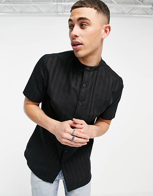 Topman premium short sleeve stripe oxford shirt in black