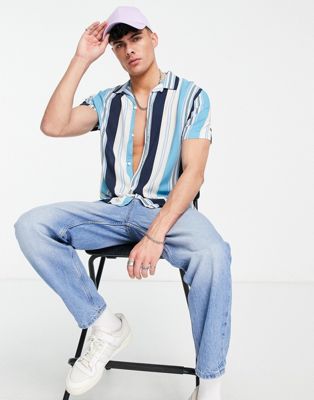 Topman short sleeve stripe viscose shirt in navy and lilac