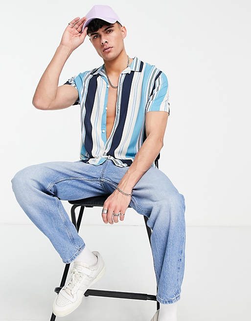 Topman short sleeve stripe viscose shirt in navy and lilac 