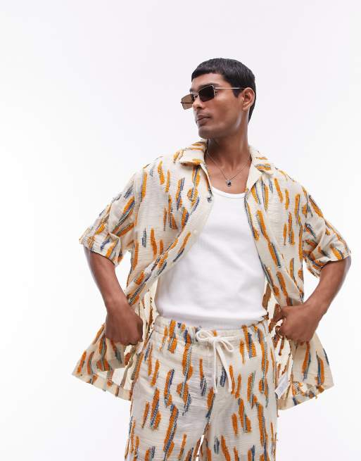 Topman short sleeve striped relaxed jacquard shirt in ecru - part of a set