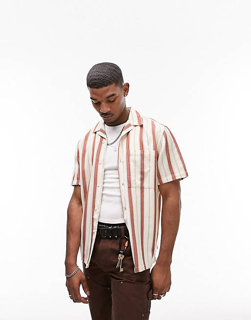 Topman short sleeve striped shirt in cream and orange | ASOS