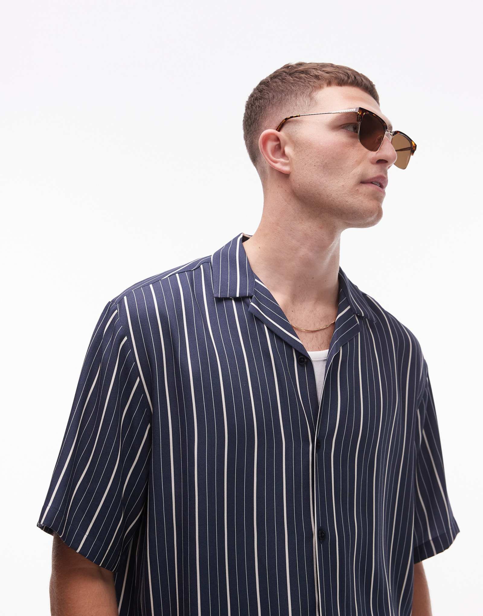 Темно-синяя рубашка в полоску Topman с коротким рукавом