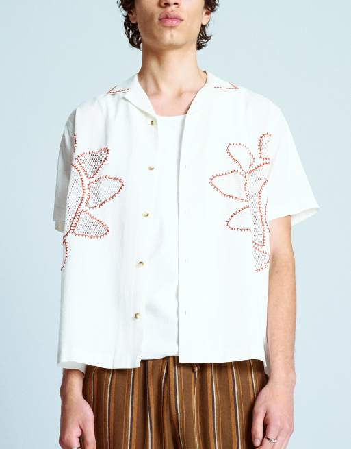 Topman short sleeve sun placement crochet shirt in white