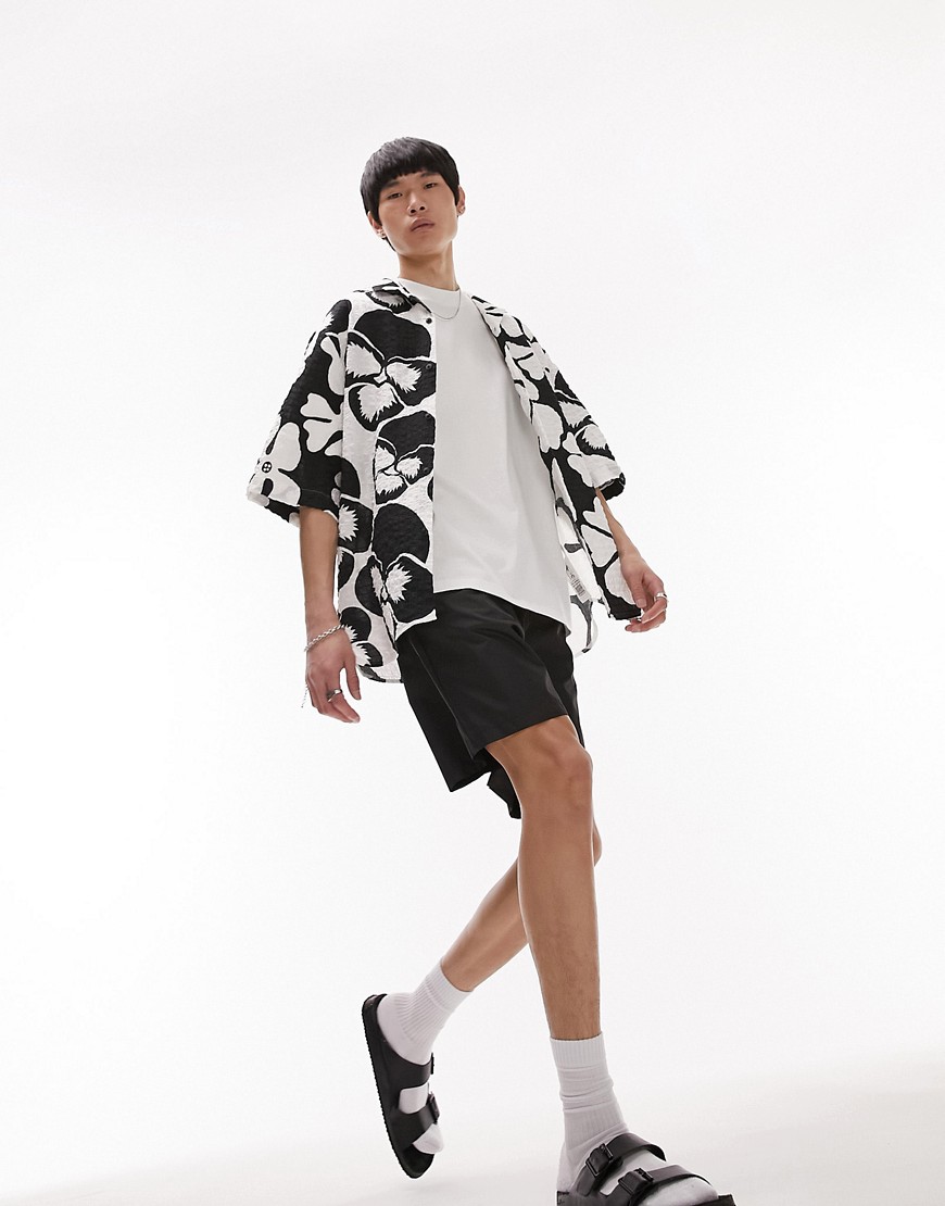 Topman short sleeve super oversized textured floral revere shirt in black and white-Multi