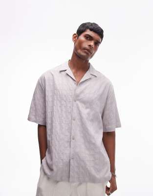 Topman Short Sleeve Textured Grid Shirt In Light Gray-white