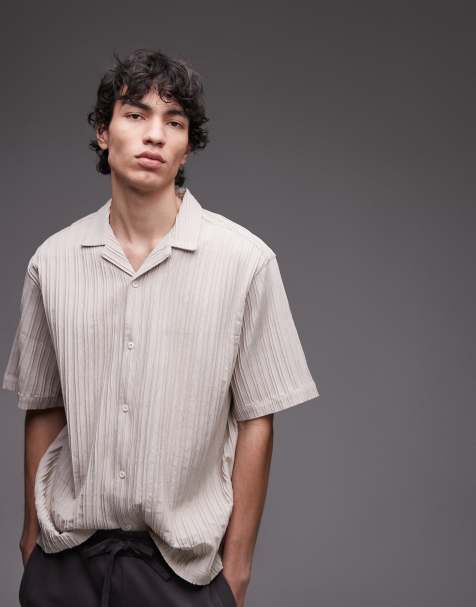 Topman short sleeve textured plisse shirt in stone - view 1