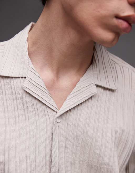 Topman short sleeve textured plisse shirt in stone, 2 of 4