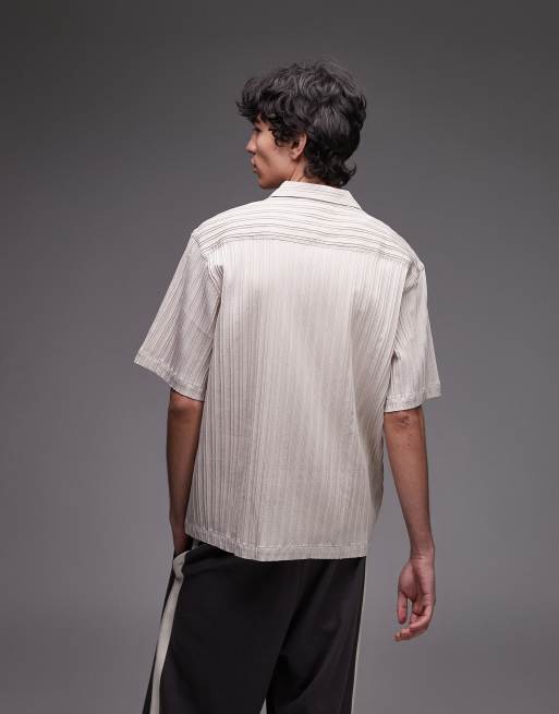 Topman short sleeve textured plisse shirt in stone, 4 of 4