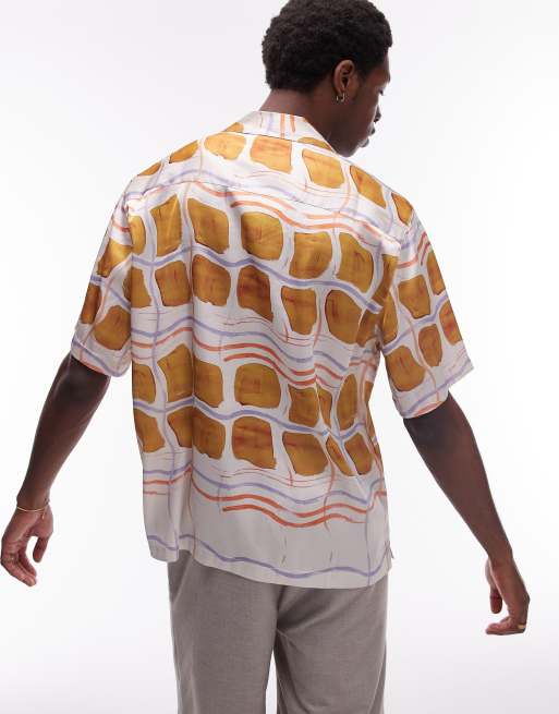 Topman short sleeve tile printed satin shirt in multi, 3 of 4
