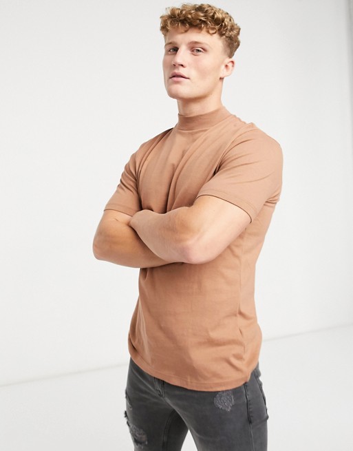 Topman short sleeve turtle neck t-shirt in brown