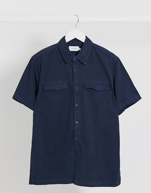 Topman short sleeve twill shirt in washed navy