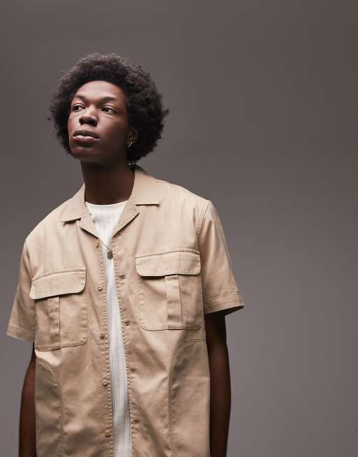 Topman short sleeve utility overshirt with pocket detail in stone