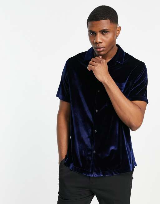 Topman short sleeve velvet shirt in navy | ASOS