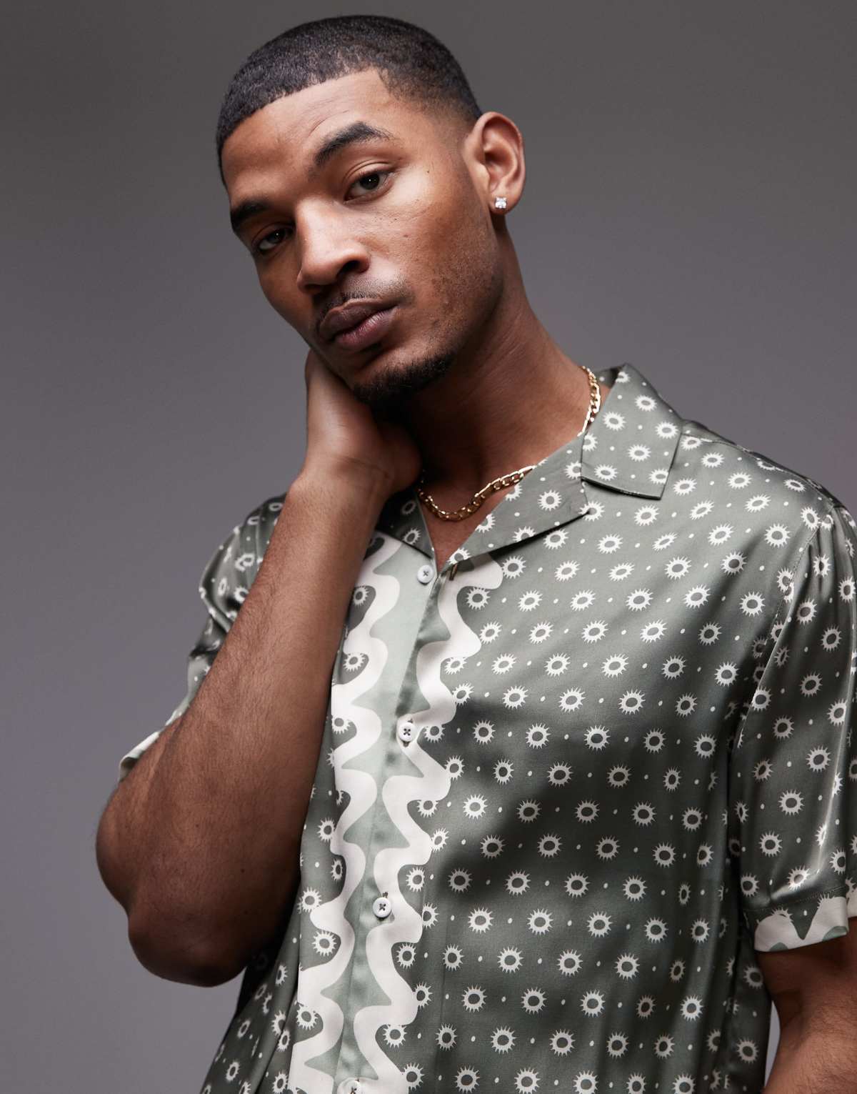 Topman short sleeve wavey satin print shirt in green
