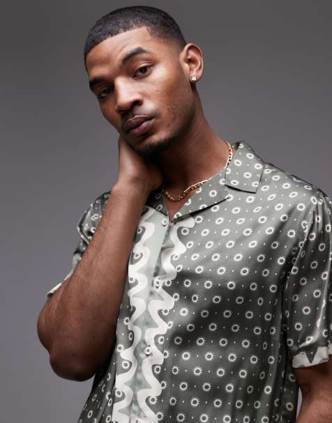 Topman short sleeve wavy satin print shirt in green - view 1
