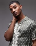 [Topman] Topman short sleeve wavy satin print shirt in green M GREEN