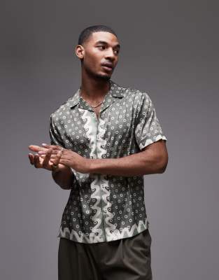 Topman short sleeve wavy satin print shirt in green