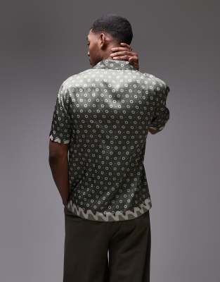 Topman short sleeve wavy satin print shirt in green