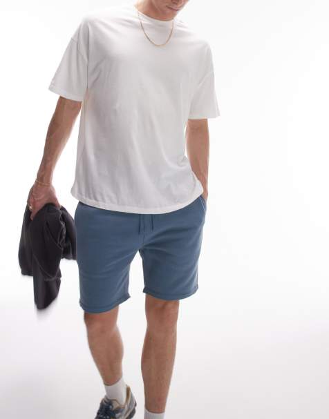 Topman - Short van jersey met klassieke pasvorm en onafgewerkte zoom in blauw - view 1