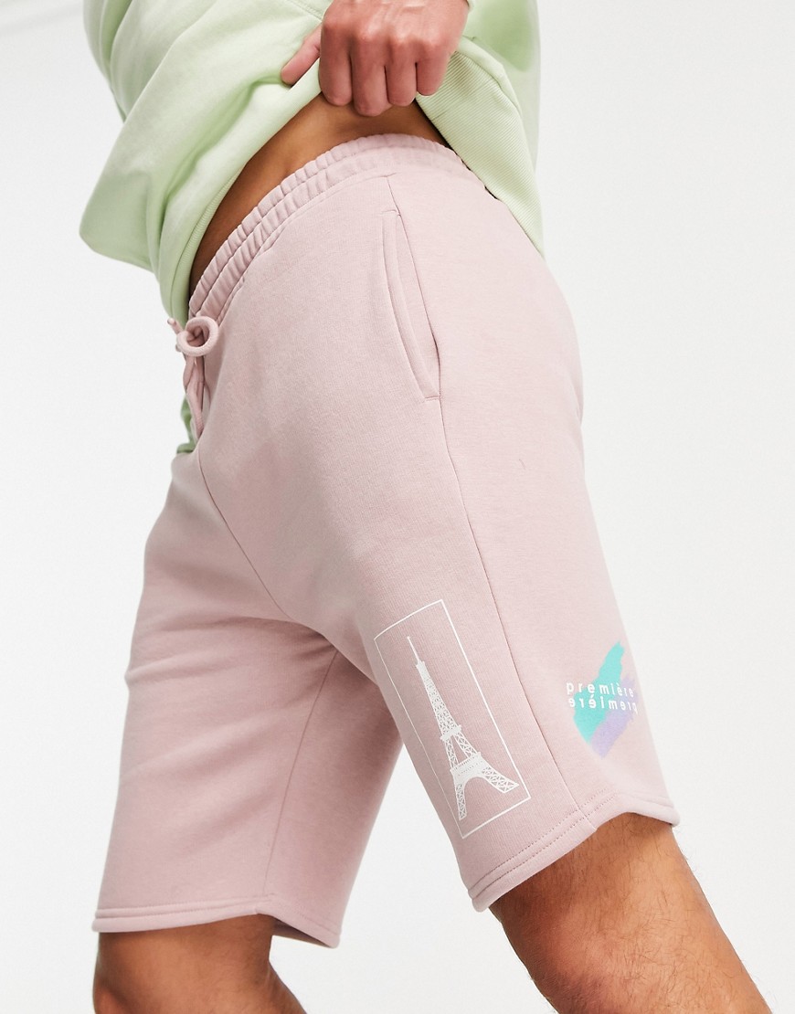 Topman – Shorts in Rosa mit Paris-Print, Kombiteil günstig online kaufen