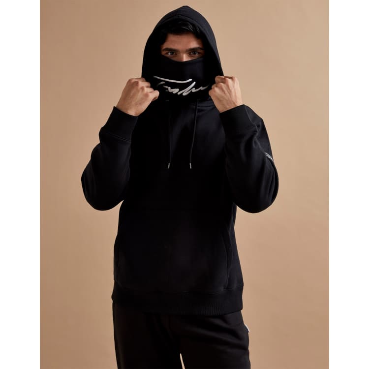 Topman Signature embroidered face covering hoodie in black