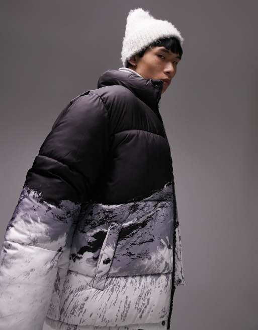 Topman - Signature - Gewatteerd jack met berglandschap-print in zwart