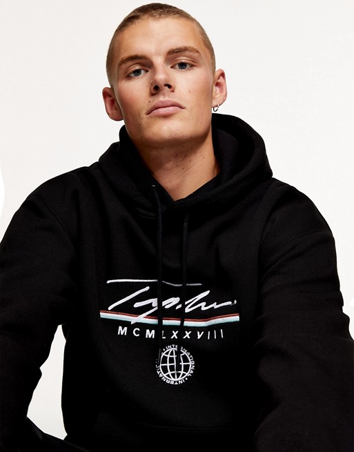 Topman signature globe print hoodie in black