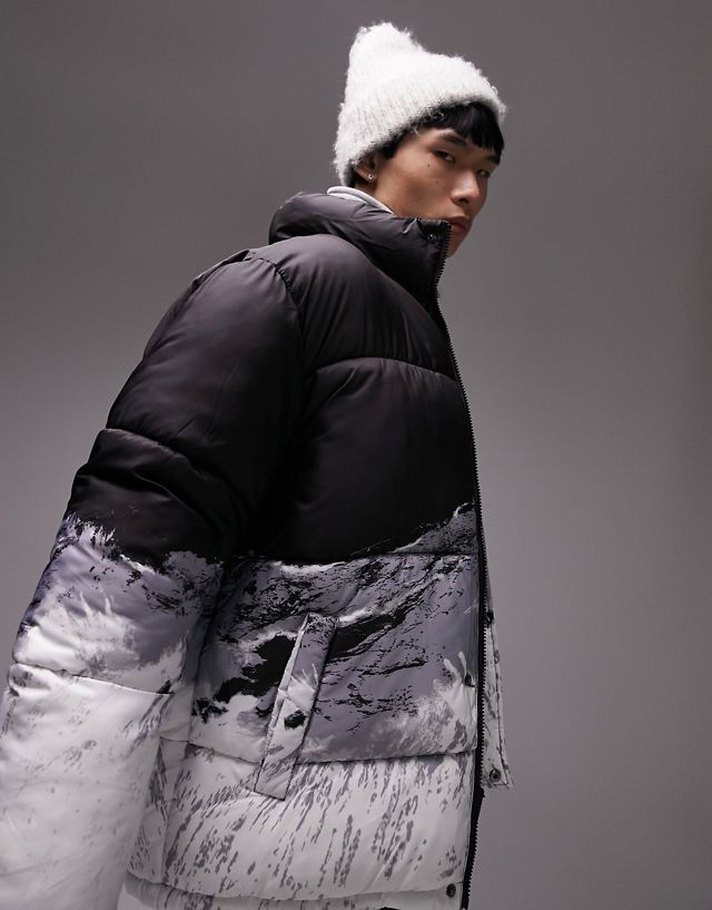 Topman signature puffer jacket with mountain scene print in black