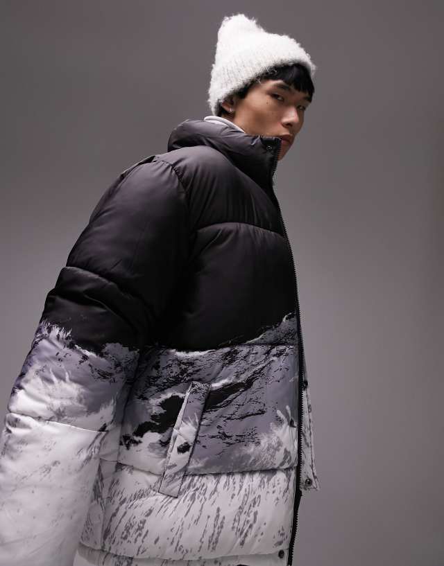 Topman signature puffer jacket with mountain scene print in black