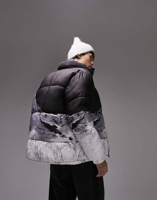 Topman signature puffer jacket with mountain scene print in black