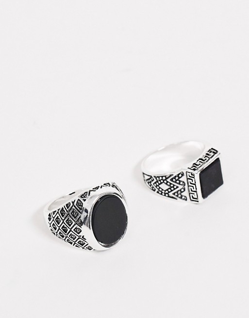 Topman signet ring 2 pack with black stones in silver
