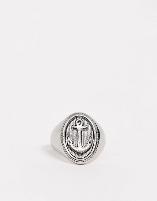 Topman signet ring with anchor detail in silver